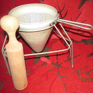 Vintage Metal Colander Strainer with Metal Stand and Wood Pestle